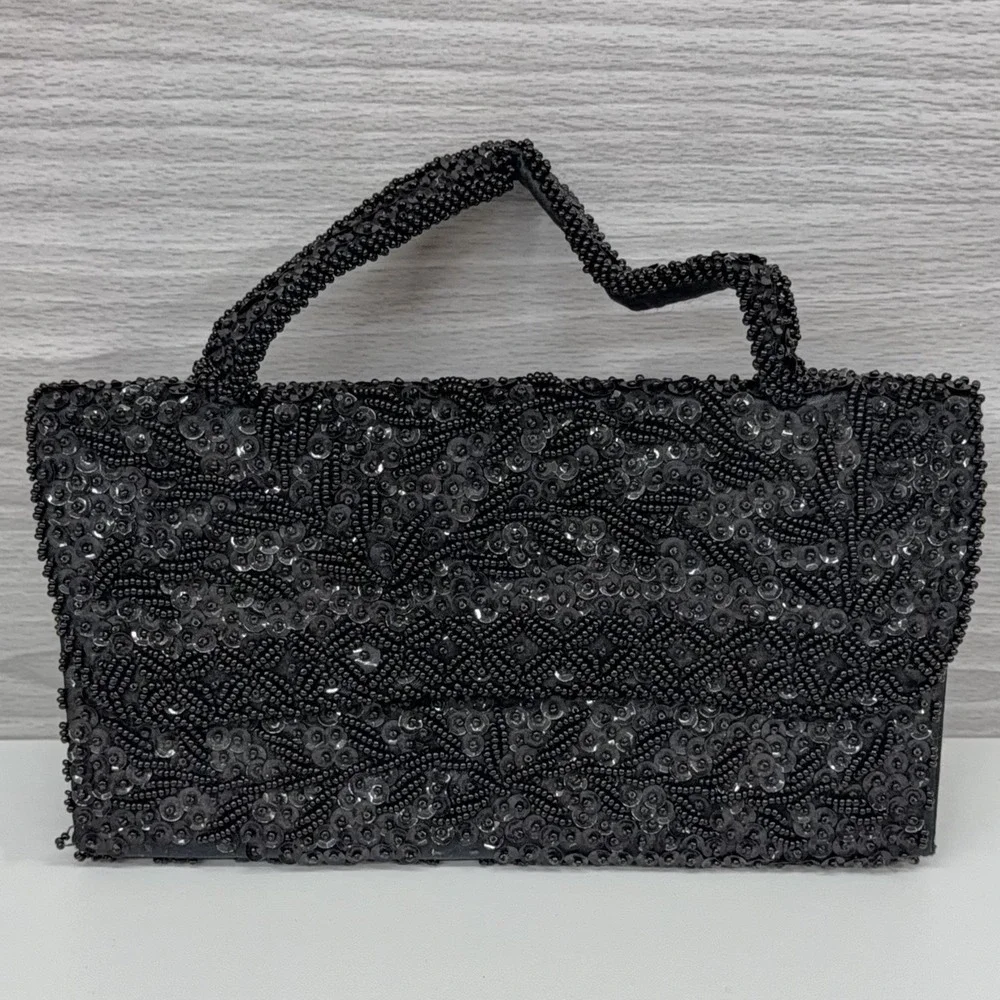 Vintage 1950s Black Beaded Sequin Evening Bag Clutch Purse Handmade‎ Hong Kong